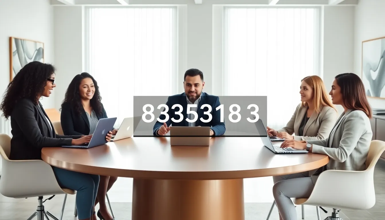 diverse professionals discussing a toll-free number in a modern office.
